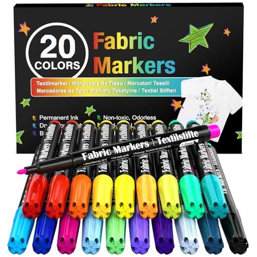 20 Fabric Markers Permanent No Bleed for Clothes, Fine Tip Fabric Markers for Sneakers, Shoes, T-Shirts, Onesies, Bibs, Pillows, Canvas, Tote Bags, Graffiti Art – Adult Fabric Decorating Supplies