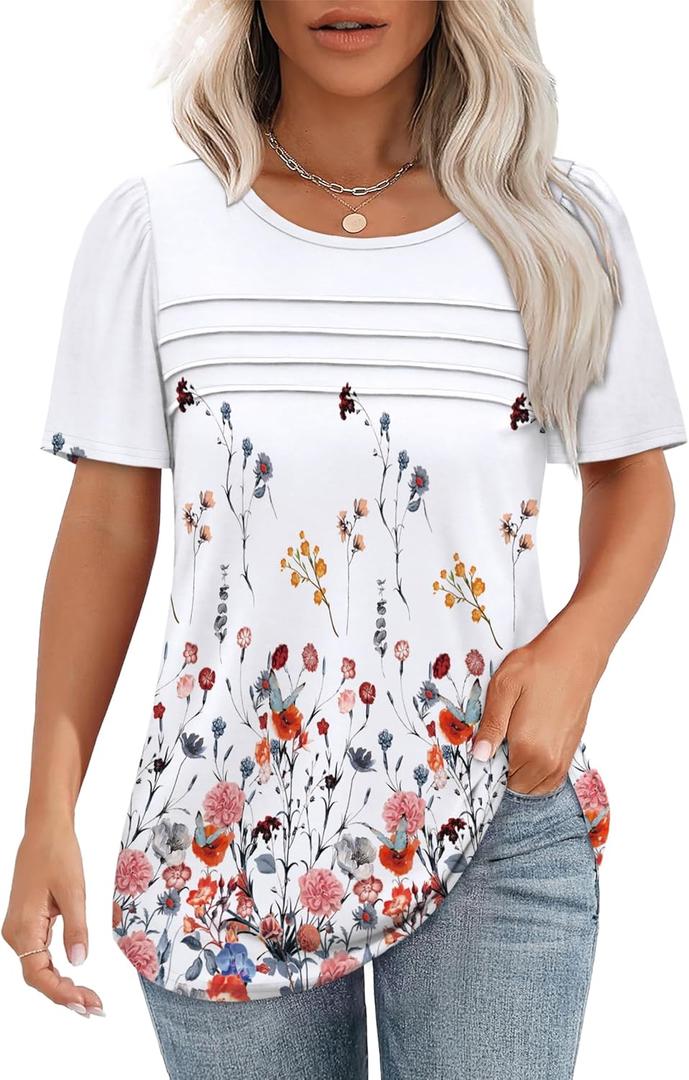 OFEEFAN Womens T Shirts Short Sleeve Tops Dressy Casual Blouses Spring Summer Outfits Flowy Pleated Front Scooped Neck (3X-Large, 3-floral Red)