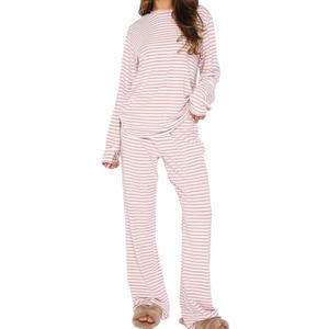 Ythomm Striped Pajamas Womens 2 Piece Sets Long Sleeve Tee Shirts Drawstring Wide Leg Pants Matching Sets Fall Lounge Outfits (Large, Pink-no Drawstring)