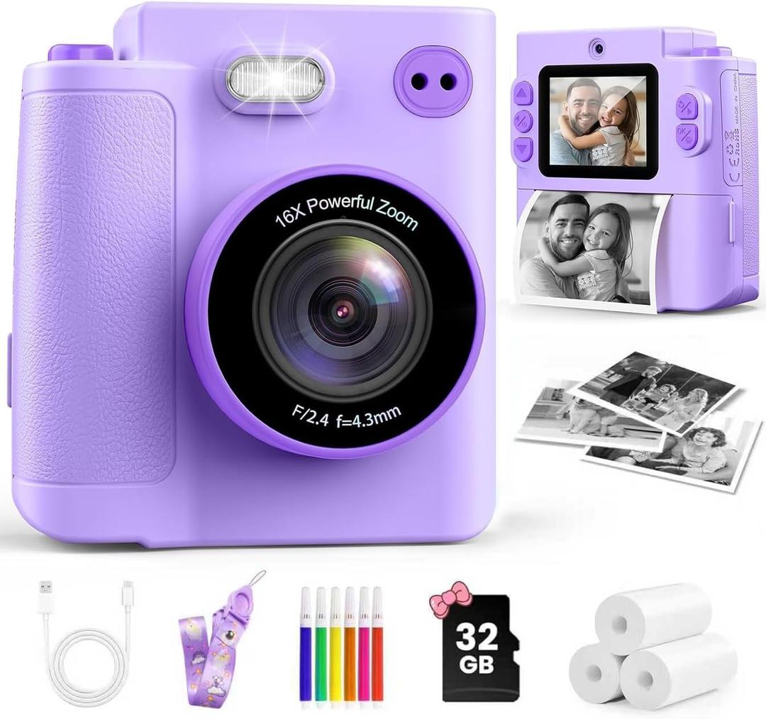 Kids Instant Print Camera - 1080P HD Toddler Digital Camera for 3 4 5 6 7 8 9 10 Year Old Girls Boys, Christmas Birthday Gift with 32GB SD Card, Selfie Mode, Portable Travel Toy, Fun Filters- Purple