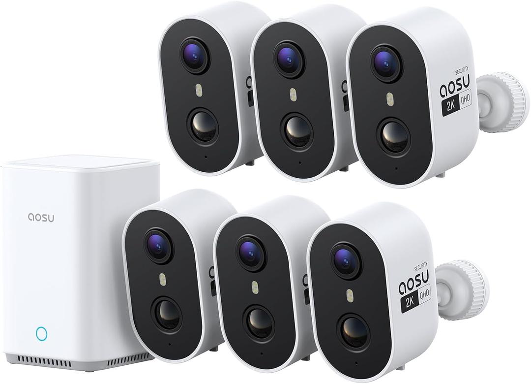 aosu Outdoor Security Cameras Wireless Home Surveillance System with aosuBase, Battery Powered, Cross-Camera Tracking, True 2K HD Color Night Vision, Spotlight, Motion Alert, Easy Setup, 6-Cam-Kit