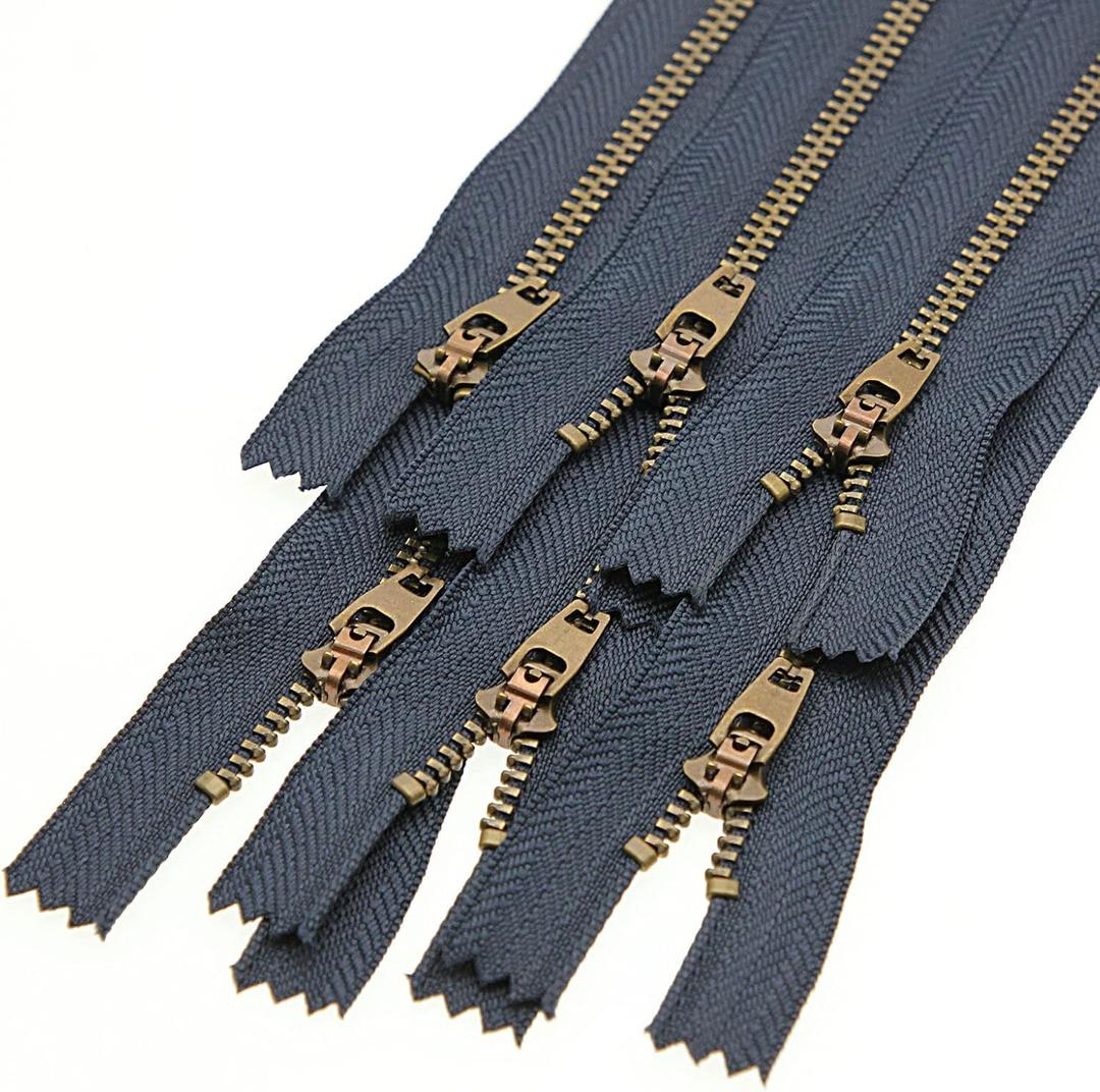 Leekayer #4 6pcs Metal Zipper for Jeans 5" Antique Brass Teeth Zipper Close End Jeans Zippers 12.7cm (Navy-Brass)