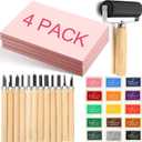 32 Pack Rubber Block Stamp Making Kit Includes 4 Carving Blocks, 15 Ink Pads for Stamps, 12 Hobby Knives, and 1 Rubber Roller Brayer for Printmaking Supplies Starter Kit