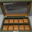 ROTHWELL 10 Slot Leather Watch Box - Luxury Case Display Jewelry Organizer - Locking Watch Display Case Holder with Large Glass Top - Box Organizer for Men and Women (Green/Tan)