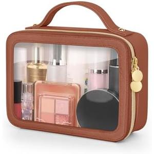 Soimeat Clear Makeup Bag, Portable Travel Cosmetic Bags, Multipurpose Leather Toiletry Bag with Zipper, Waterproof Transparent Cosmetic Organizer for Women, Medium, Brown