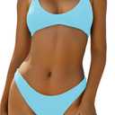 ZAFUL Women's Tie Back Padded High Cut Bralette Bikini Set Two Piece Swimsuit (Small, 1-light Blue)