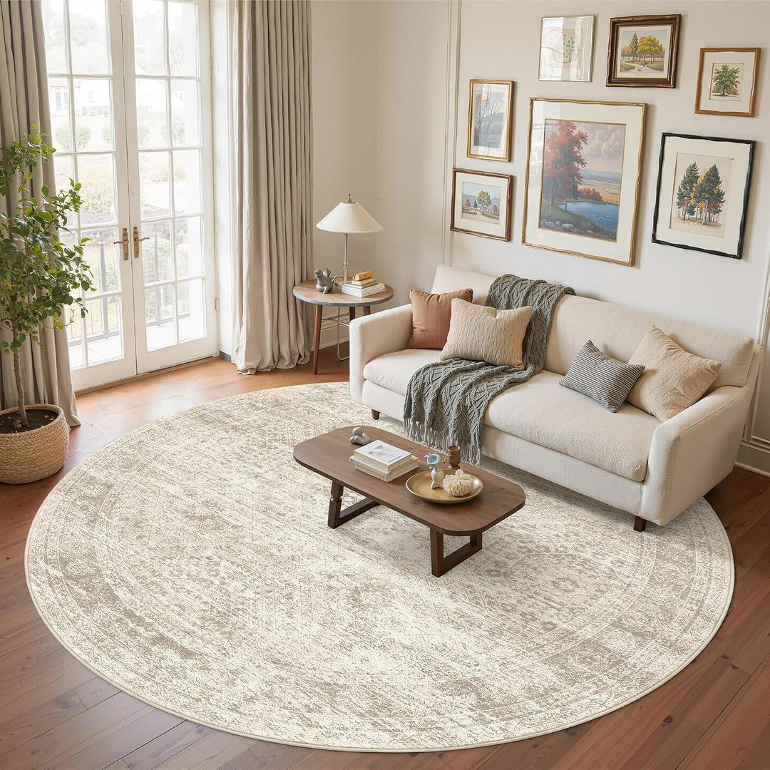 Soalmost Round Rugs 8ft Living Room Circle Area Rug 8x8 Beige Vintage
Washable Non Slip Indoor Carpet for Apartment, Dining Bedroom, Soft Low Pile Stain Resistant Foldable Floor Mat Entryway