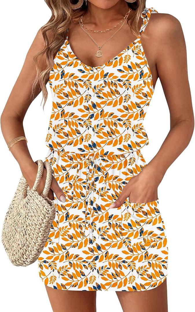 AUSELILY Womens Summer Dresses Sleeveless Spaghetti Strap Beach Cover up Drawstring Waist Mini Short Dress with Pockets (Orange, XL)