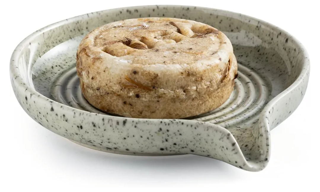 Soap Dish with Self-Draining Design, Ceramic Soap Holder with Drain Spout Soap Tray for Shower, Bathroom and Kitchen Sink, Keep Bar Soap Dry, Speckled Glaze