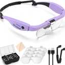 Magnifying Glass with Light 1.5X to 5.0X, Rechargeable Magnifying Glasses Head Magnifier, Lighted Magnify Glass with 4 Detachable Lenses, Magnifier Headset for Close Work Hobbies Jewelry (Purple)
