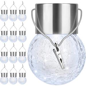 12Pack Outdoor Hanging Solar Lights - Solar Powered Crackle Glass Ball Lights Waterproof Tree Hanging Outdoor Globe Lights with Hook for Garden Balcony Patio Christmas Party Decoration, Daylight White