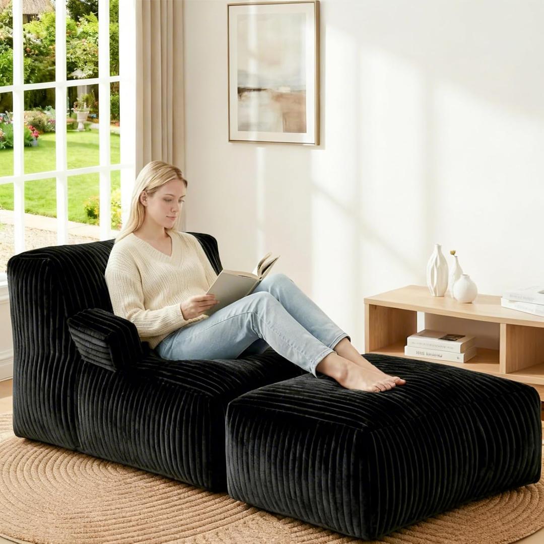 Bean Bag Chair - Large Bean Bag Loungers Chairs for Adults, Teens, and Children.Bean Bag Sofa with Memory Foam Filled and Armrests for Living Rooms, Bedroom, Dorm, or Balcony (Stripe Black) (6FT Folding Footrest)