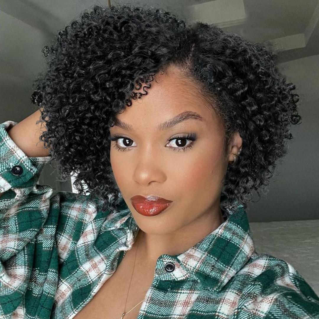 Short Lace Front Wigs Kinky Curly Human Hair Wig Glueless Side Part Brazilian Virgin Human Hair Curly Bob Wigs with Baby Hair for Black Women (Natural Color,10 Inch)