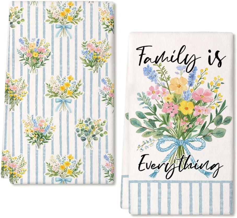 Flower Spring Kitchen Towels Set of 2,Blue Floral Dish Hand Towels Farmhouse Indoor Outdoor Holiday Seasonal Decorations DD092