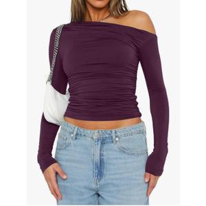 Darong Women's Casual Long Sleeve Boat Neck Off Shoulder Slim Fit Crop Top Going Out Blouses Y2K Tight Shirts Large