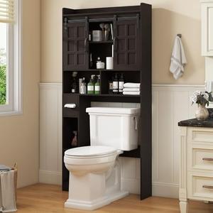 Over The Toilet Storage Cabinet, Farmhouse Storage Cabinet Over Toilet with Sliding Doors，Home Space-Saving Toilet Rack, for Bathroom, Restroom, Laundry. Espresso