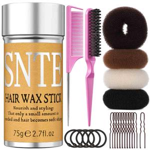 Hair Bun Maker for Kids, Girls & Women - Controls Frizz, Smooths Flyaways, Creates Buns & Updos - 4 Black Donut Sock Buns in Sizes, 1 Hair Wax Stick, 5 Elastic Bands, 10 Hairs Pins, 2 Style Brushes