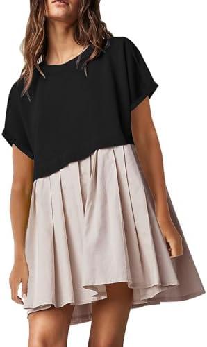 SAUKOLE Womens Summer Crew Neck Short Sleeve Dress Patchwork Pleated A Line Beach Boho Mini Dress, Size L