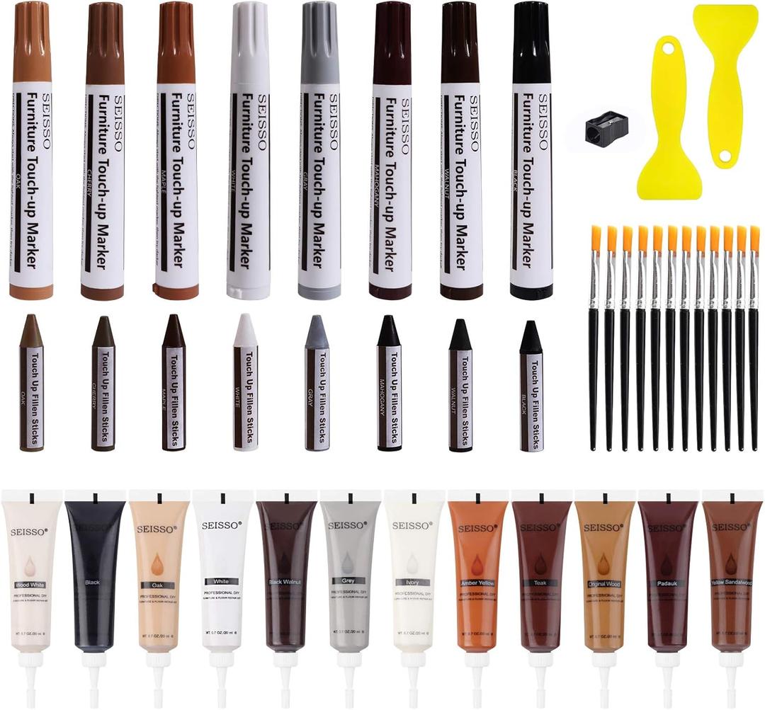 SEISSO Wood Furniture Repair Kit - Set of 42 Hardwood Laminate Vinyl Floor Repair Kit Wood Fillers, Markers and Wax Sticks - Used for Cover Ups Scratches, Stains, Holes for Table, Door, Cabinet