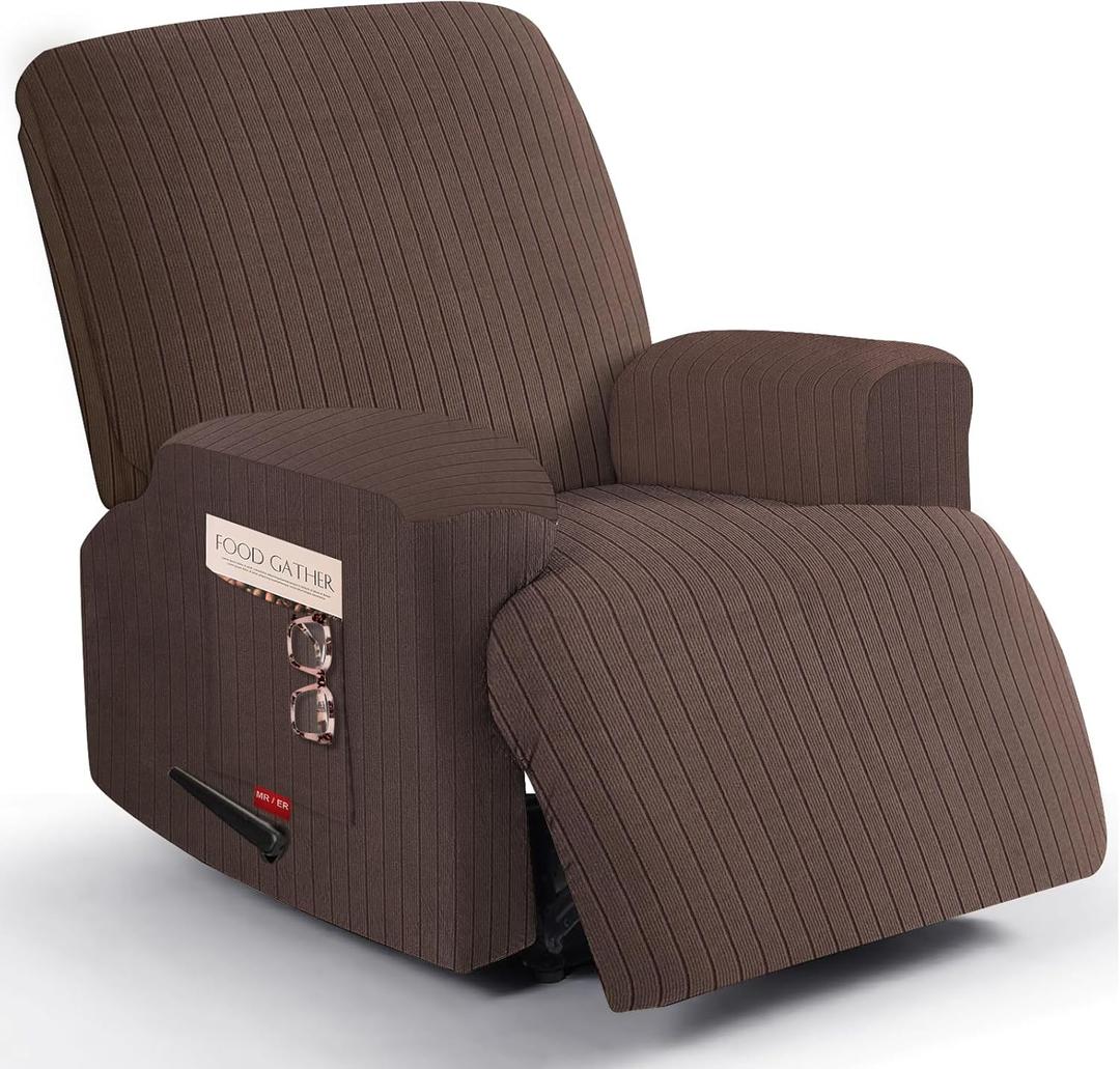 3 Pieces Stretch Recliner Chair Covers - Striped Pattern Slipcovers & Durable Furniture Protectors for Kids and Pets (1 Seater, Chocolate)