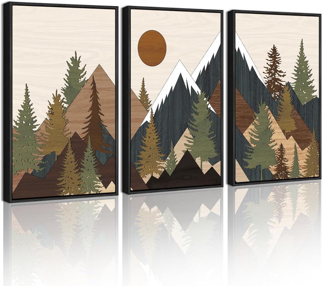 KUVIOKE Morden Mountains Framed Wall Art Boho Pine Tree Forest Nature Landscape Artwork Bohemain Farmhouse Rustic Bedroom Living Home Decor 16x24in (Black Framed) (Wooden Mountain Sunrise)