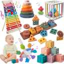 Montessori Baby Toy Sorting Stacking Learning Toys Wooden Building Blocks, Xylophone Musical, Infant Teethers Toys for Baby, 6 in 1 Toy Birthday Gifts for Toddlers