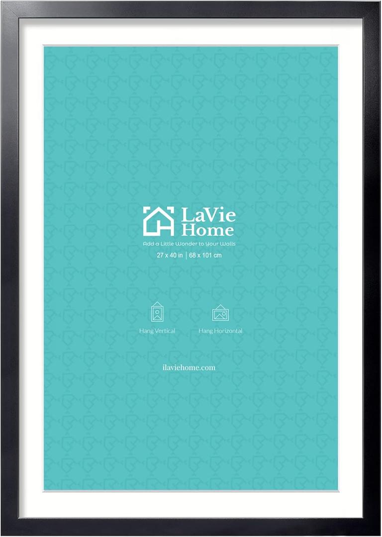 LaVie Home 27 x 40 Poster Frame Black1 Pack, Display Pictures 24x36 with Mat or 27x40 Without Mat, 2 Inch Wood Profile, Stable and Sturdy Picture Frame with Polished Plexiglass