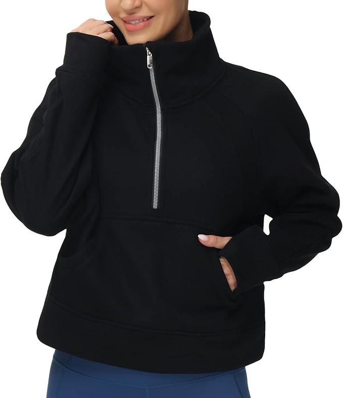 THE GYM PEOPLE Women’s Half Zip Crop Pullover Sweatshirt Fleece Stand Collar Workout Tops with Pockets Drawstring Hem, Size S