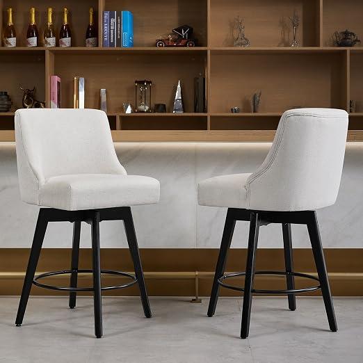 Vipbear Counter Height Bar Stools Set of 2, Modern Linen Fabric Swivel Barstools with Contoured Backs and Solid Wood Legs, 26" Seat Height Upholestered Bar Chairs for Kitchen Island, Cream