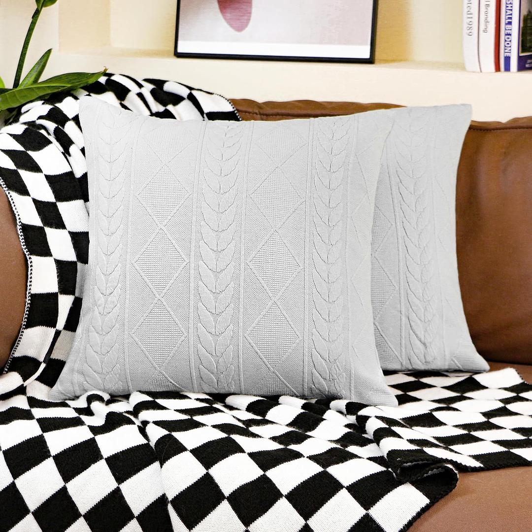 Uhomy Set of 2 Grey Decorative Knit Throw Pillow Cover Soft Knit Pillow Case, Modern Boho Pillow Covers Accent Embossed Patterned Sofa Cushion Covers for Couch Bed, Stretchy Pillow Cover,18 x 18 inch