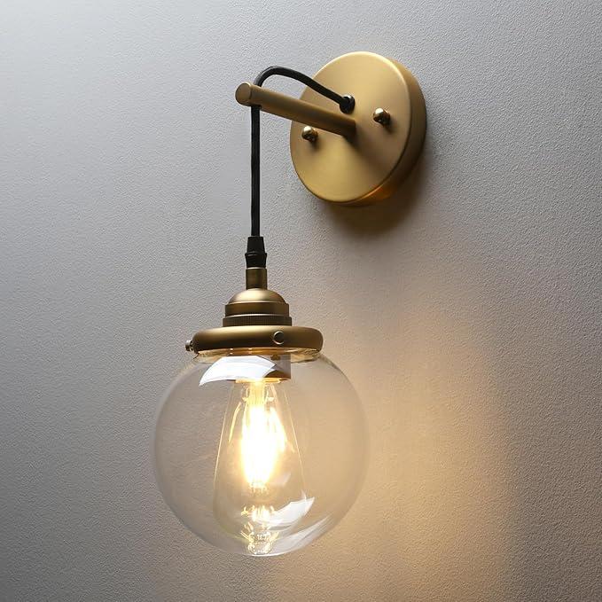 KCO Phansthy Vintage Glass Wall Sconce, Hanging Wire Indoor Wall Lamp, 5.9" Globe Wall Lighting Fixture Adjustable Hanging Cord, Home Decor Art Wall Light Hardwired Farmhouse Wall Sconce (Black)