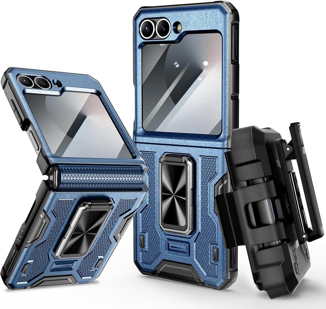 VEGO for Samsung Flip 6 Case with Belt Clip Holster, Hinge Protection Case with 360 Ring Kickstand & Camera Screen Protector Heavy Duty Protective Armor Cover for Galaxy Z Flip 6 - Blue