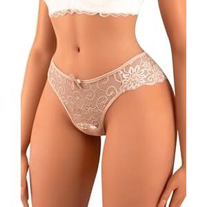 Banamic Womens Underwear Sexy Thong Lace Underpant Back Coverage Panties Nude, Size S