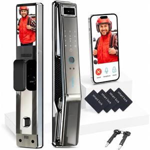 Smart Door Lock with Camera & 3D Face Recognition: Biometric Palm Vein Scanner Keyless Entry Door Lock, JLINK App Control, Fingerprint, Passcode, IC Card, Built-in Doorbell (Curved Arc)