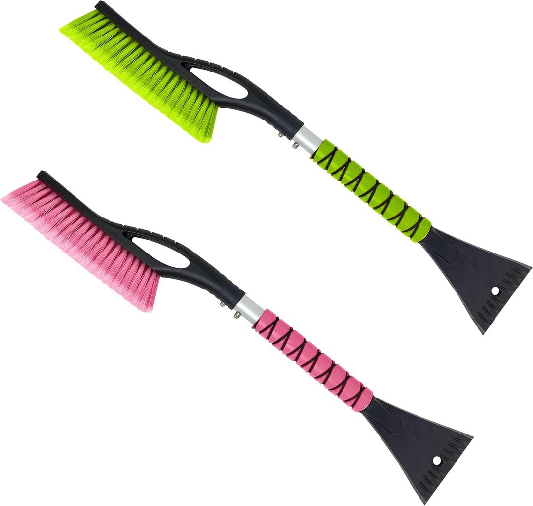 27" Car Snow Brush and Ice Scrapers for Car Windshield (2 Pack), Window Scraper with Ergonomic Foam Grip, Snow Removal for Car, Must Have Winter Car Accessories (Green and Pink)