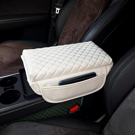 Center Console Cover for Tesla Model 3 2017-2022 2023 2024 or Model Y 2020-2022 2023 2024 Armrest Cover Cushion Pad PU Leather Armrest Seat Box Protector Accessories with Pockets Storage Bag (white)
