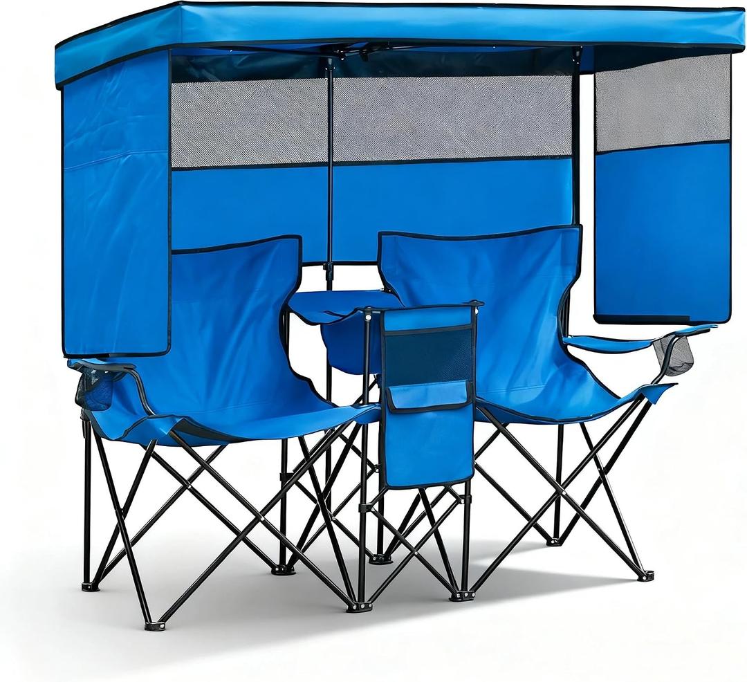 Double Beach Chair with Canopy Shade Oversized Camping Chairs with Cooler Bag Folding Loveseat for Outside Lawn Camping