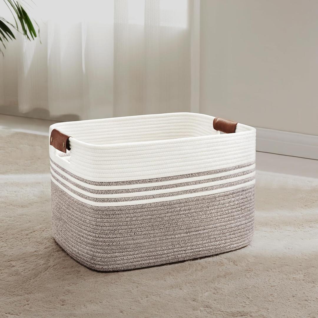 45L Small Laundry Basket with Leather Handles for Living Room Storage, Woven Rope Baskets Bin for Blanket, Kids Toy, Gifts, Wicker Hamper for Bedroom Dirty Clothes, 18"x14"x11" Dark Brown