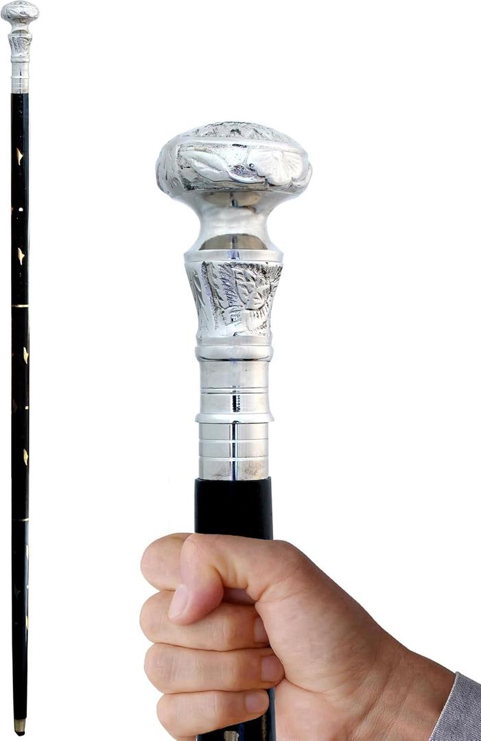 Vintage Silver Brass Handle Victorian Foldable Wooden Black Walking Stick Cane Ideal Gift Men Walking Cane Wooden Walking Stick Silver Brass Handle Knob Gift