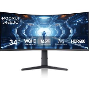 KOORUI 34-inch Curved Ultrawide WQHD 34401440 Gaming Monitor, 165Hz 1000R- PIP/PBP, 1ms(MPRT), HDR400, DCI-P3 95%, FreeSync Premium, 1 x DP 1.4 & 2 x HDMI 2.0, Tilt Height Swivel Adjustment, 34E6UC