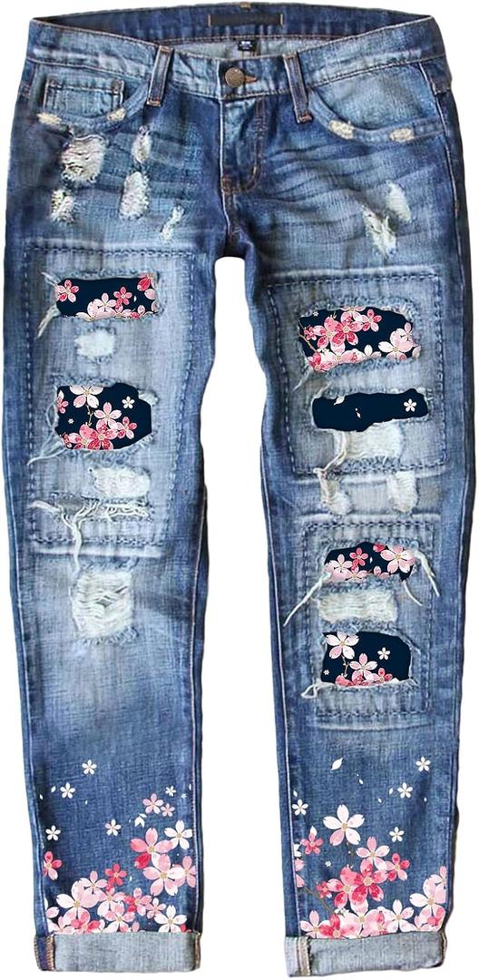 EVALESS Ripped Jeans for Women Plaid Patch Boyfriend Skinny Distressed Denim Jean Pants (Blue, L)