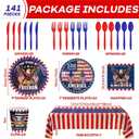 Iridescent USA 250 Years Anniversary Party Tableware Decorations Kit, Holographic Laser Plates(9+7), Sparkling Patriotic Tablecloth 9ft, Cups Napkins for 4th of July, Kids Birthday, Patriotic Party