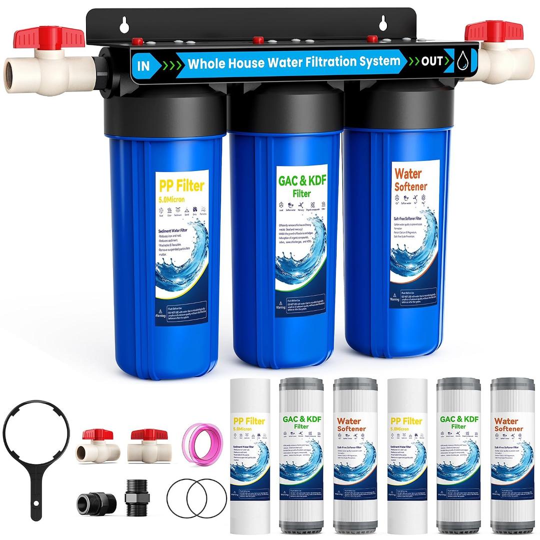 Whole House Water Filter System, Extra 2 Sets Filter Included,0.5 Micron | 3 Stage Water Softener System, Reduces Chlorine Sediment Odor for Healthier Skin, 1-2 Year Service Life, with 2 Valves