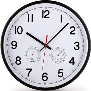 Nicunom 12-Inch Wall Clock with Temperature and Humidity, Battery Operated Indoor Clock, Silent Non Ticking/Battery Operated, Decorative Clock for Home Living Room Kitchen Office