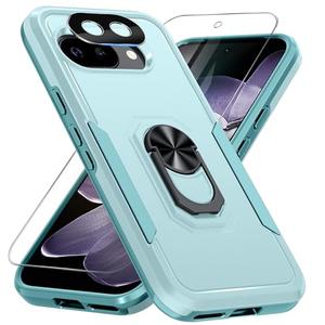 for Google Pixel 9a Case with Screen Protector+Camera Lens Protector,Heavy Duty Shockproof Full Body Protective Cover Built in Rotatable Metal Ring Holder Kickstand,2025 Mint Green