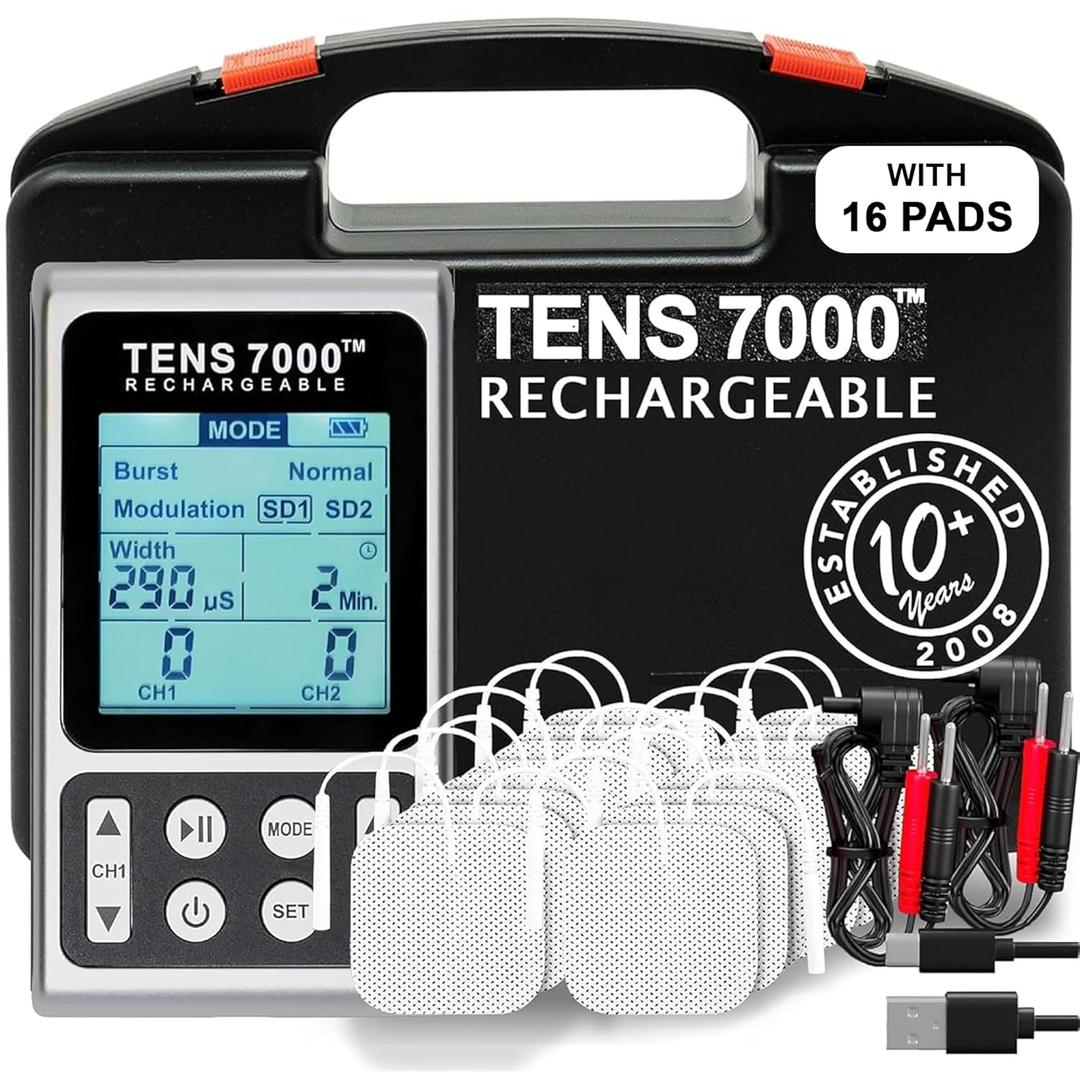 TENS 7000 Rechargeable TENS Unit Muscle Stimulator, Includes 16 TENS Unit Pads, Pain Relief Device, Clinical Strength TENS Machine for Effective Back Pain Relief, Nerve Pain Relief, Muscle Pain Relief