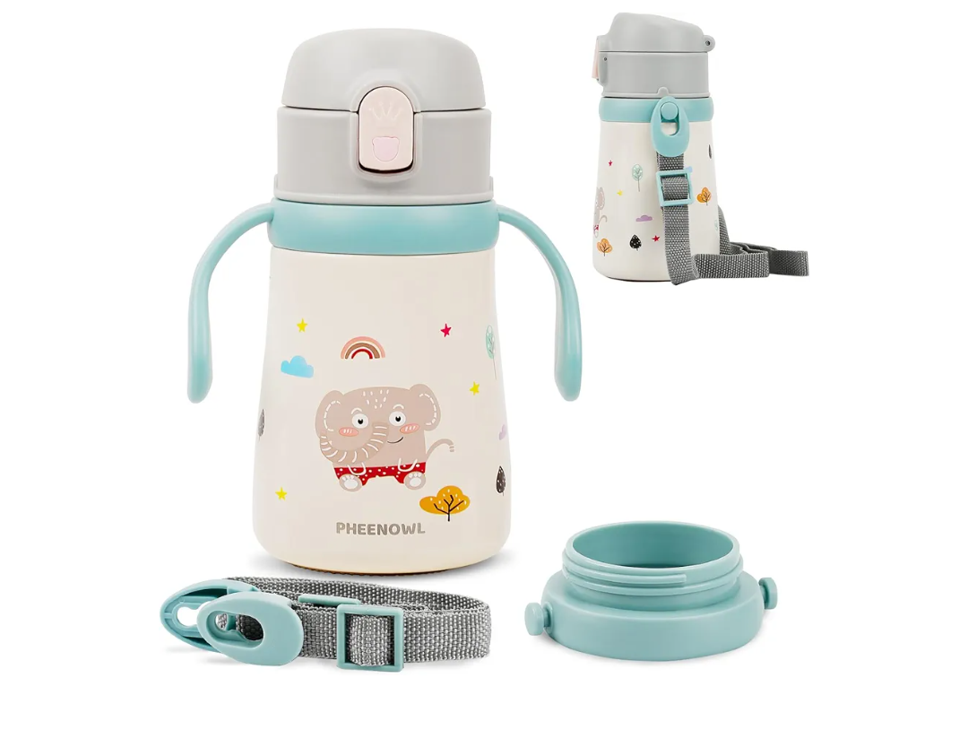 12 oz Kids Insulated Water Bottle with Straw Lid Handles & Strap - SUS 316 Stainless Steel Water Bottles for Boys Girls - Travel Cup for School Sports (Elephant)