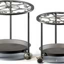 TOSKING 2-Pack Black Round Rolling Plant Caddies with Water Tray – Metal Stands with Wheels, Elegant Floral Pattern, for Indoor Planters (14" & 12")