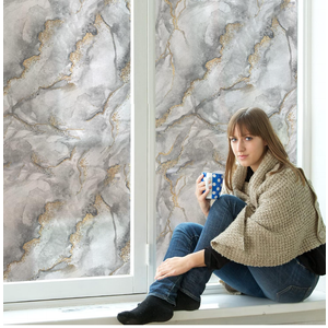 DKTIE Marble Pattern Privacy Window Film with Installation Tools, Static Cling No Glue Window Marble Stained Glass Window Film Coverings Glass Sticker (Quicksand Gold, 35.4" x 118.1")