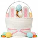 Easter Basket, Woven Easter Bunny Basket with Handle, Empty Gift Baskets Easter Egg Hunt Basket, First Easter Basket Easter Bucket with Detachable Ears for Girls Boys Teens (Pink White)